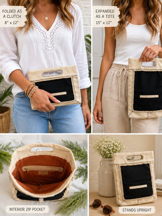 Hempstress Handbags - Hemptress Hemp Canvas Fold Over Clutch Bag Boho Eco Friendly Vegan Artisan Tote